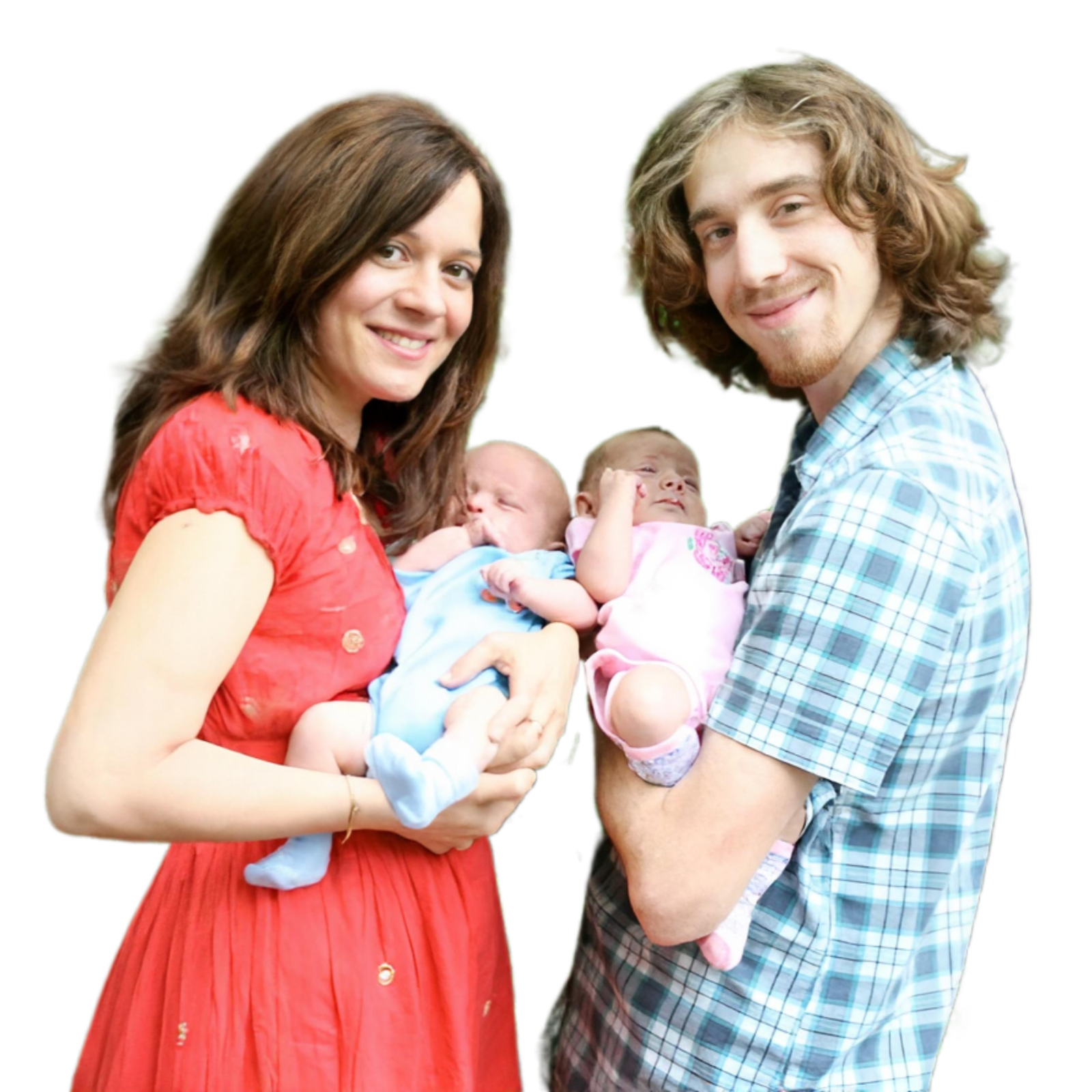 My wife and I two years later with our newborn twins: Finn and Fiona
