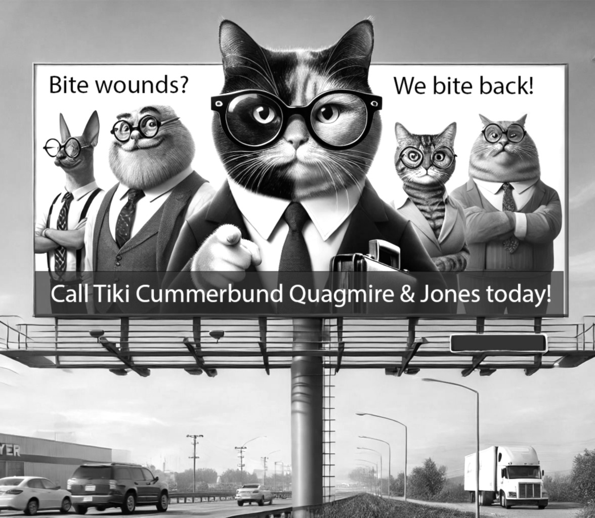 Cartoon cats in lawyer suits on a highway billboard that says “Bite wounds? We bite back! Call Tiki Cummerbund Quagmire & Jones today!"
